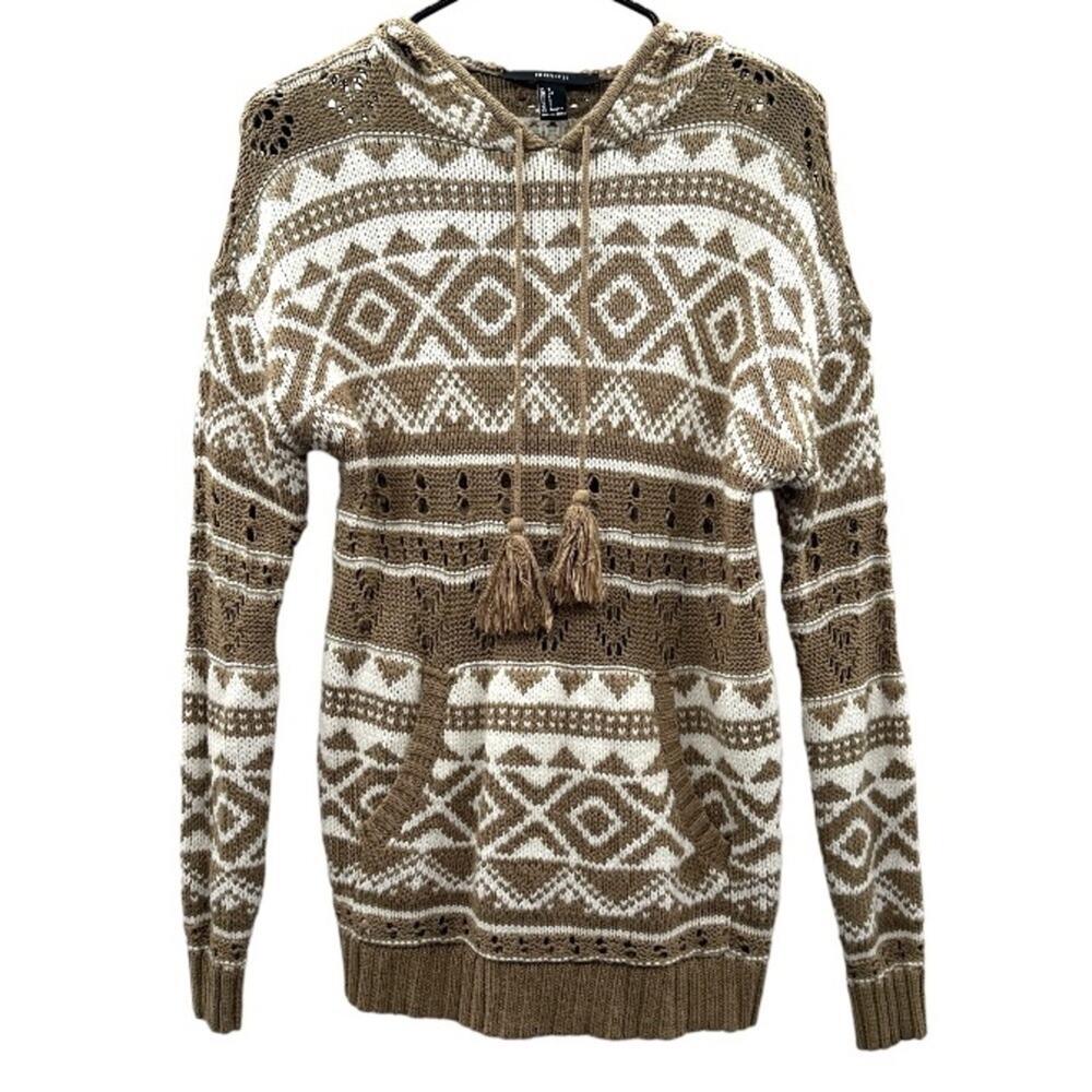Forever 21 Tan & White Fair Isle Chunky Open Knit Long Sleeve Hoodie Size‎ S